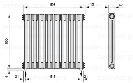 Схема (чертеж) Радиатор Zehnder Charleston 2090/13 №3570 Белый глянцевый RAL 9016